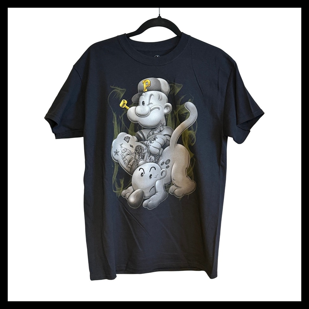 NWOT Popeye T Shirt Black Cotton Cartoon Character Graphic Print Size M